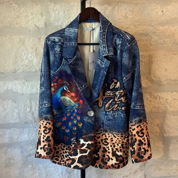 Peacock Print Denim Blazer - Picture 2 of 6